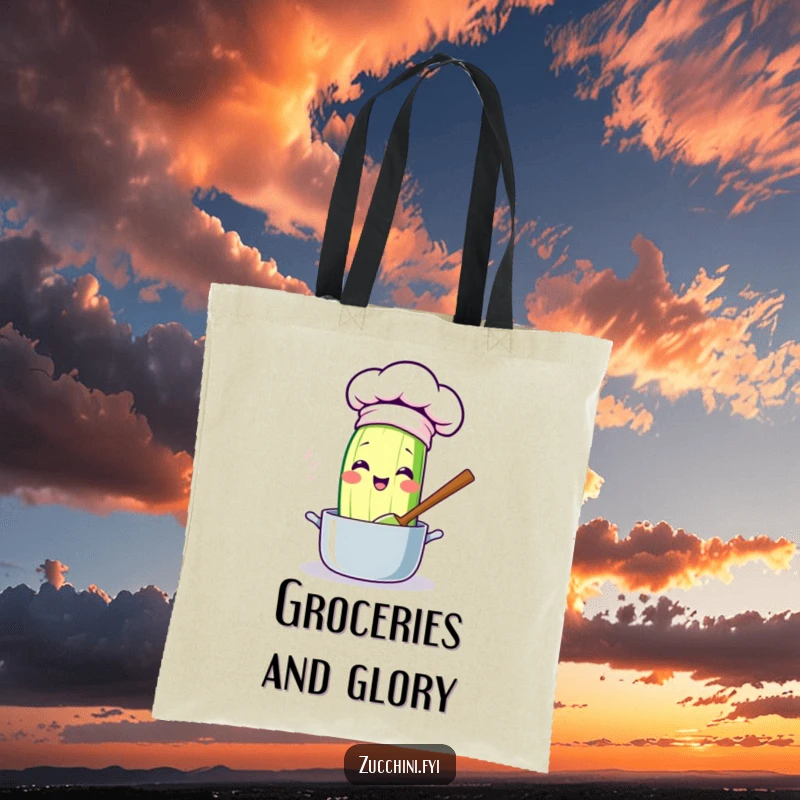 Funny kawaii zucchini tote bag, a cute chef zucchini stirring a pot, perfect for carrying groceries with a funny culinary flair.