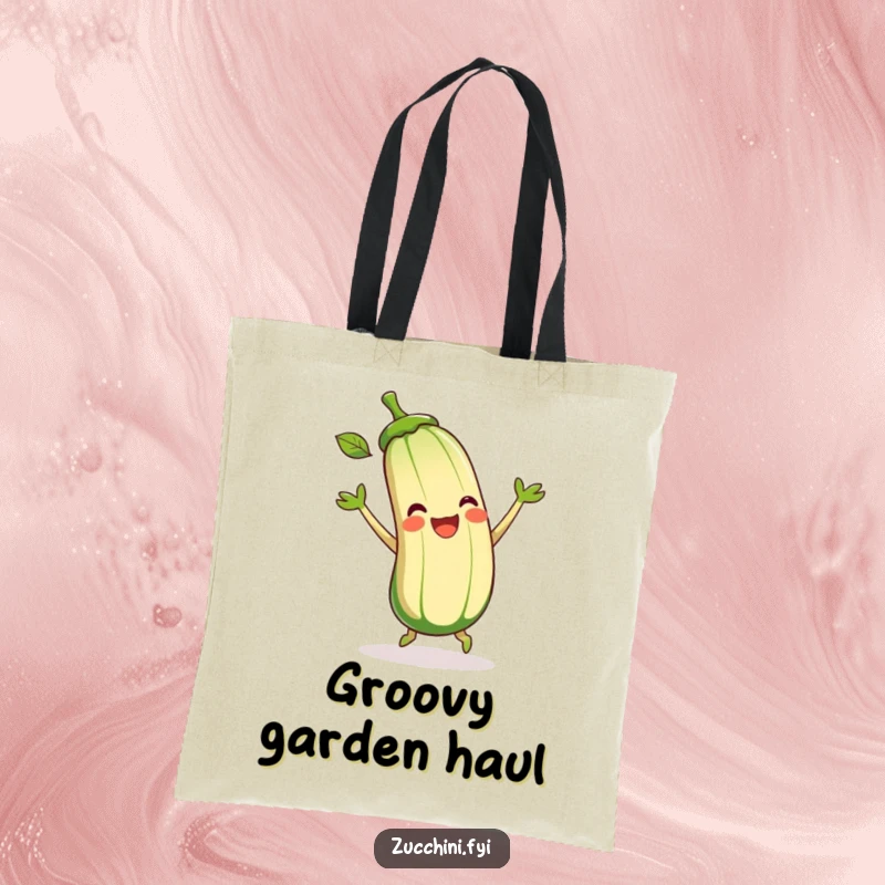Funny Zucchini Tote Bag featuring a cartoon zucchini joyfully dancing and wiggling its leaves, ideal for carrying items with fun.