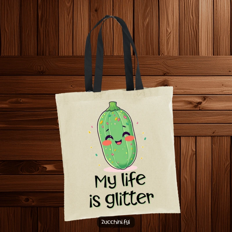 Funny tote bag with a cheerful zucchini giggling, completely dusted with colorful confetti.