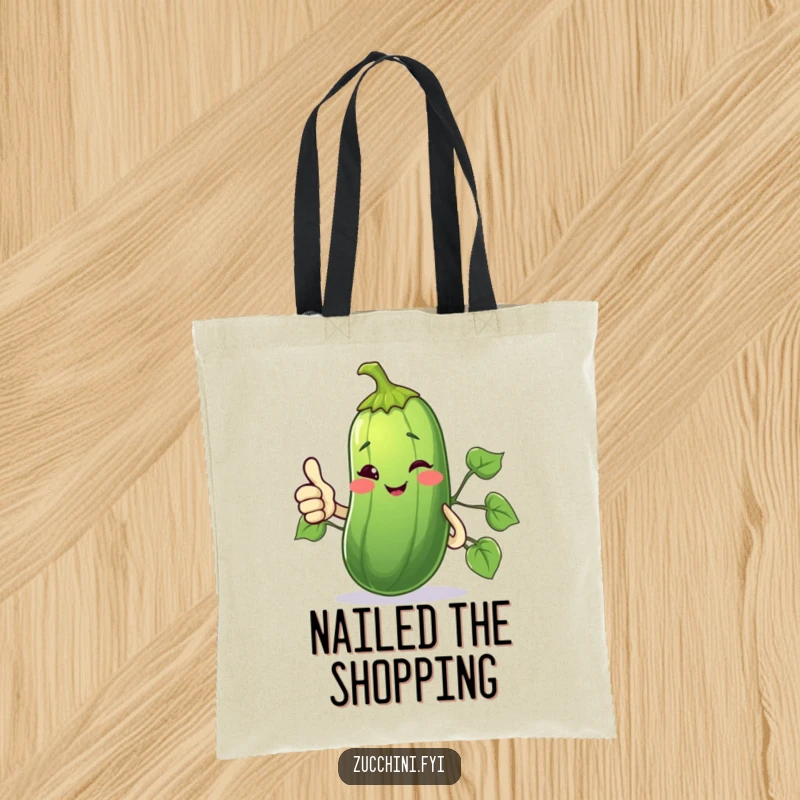 Funny Tote Bag with a winking zucchini giving a thumbs up with its vine, conveying approval and fun.