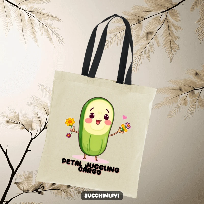 Funny tote bag depicting a joyful zucchini slice character balancing edible flowers in a juggling act, perfect for stylish, humorous shopping.